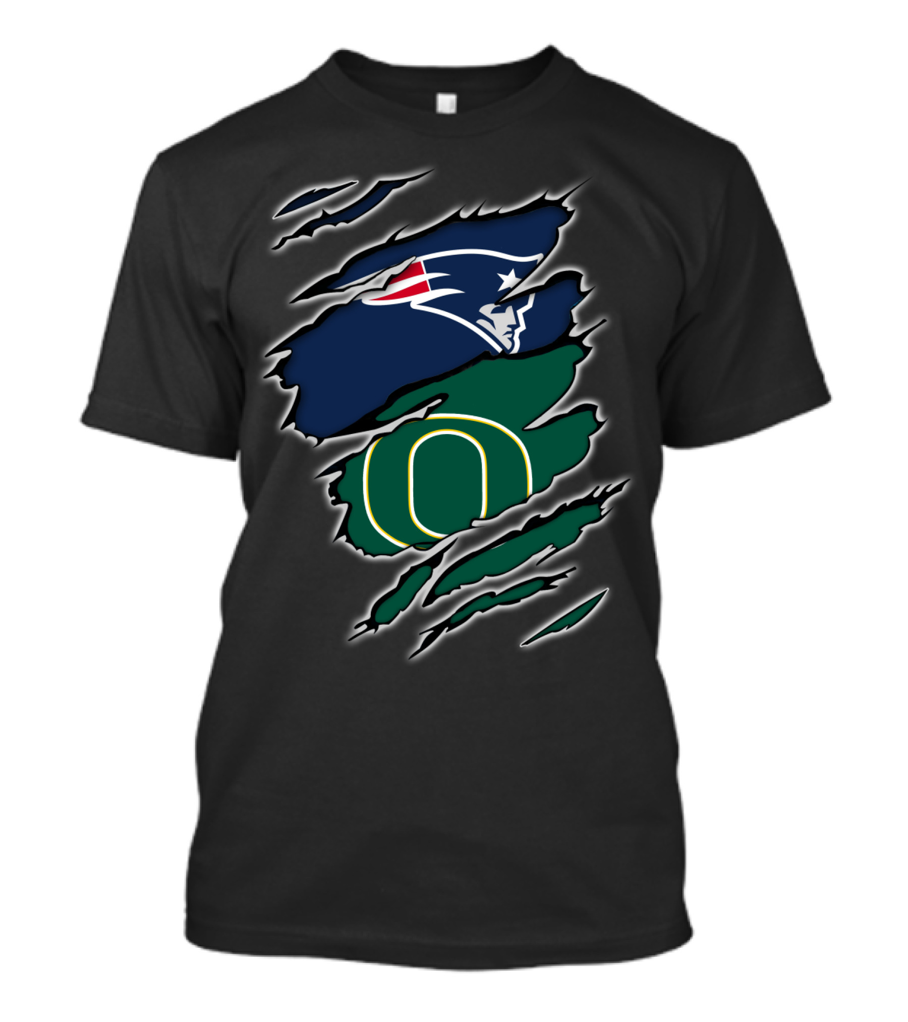 New England Patriots And Oregon Ducks Logos Torn Claw Marks Display T-Shirt