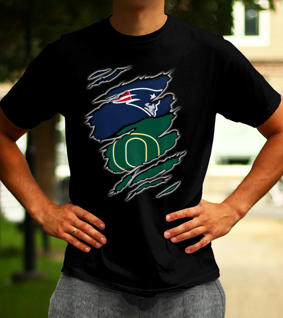 New England Patriots And Oregon Ducks Logos Torn Claw Marks Display T-Shirt