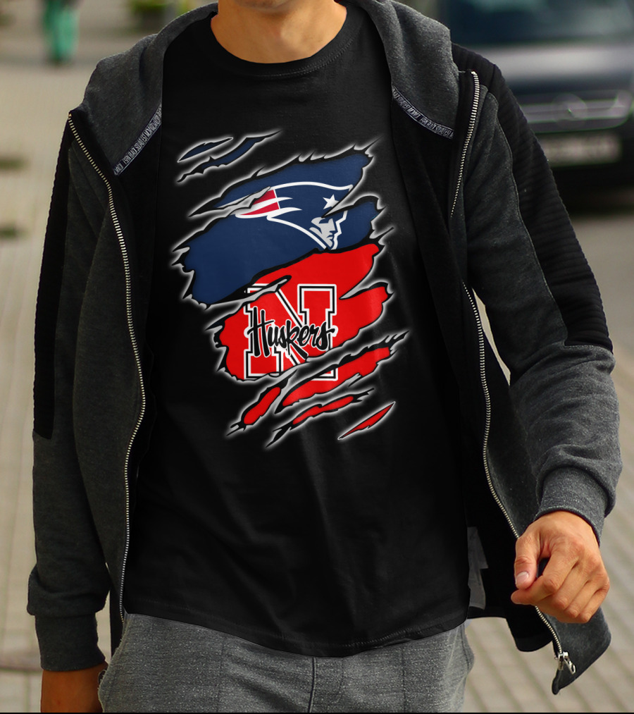 Patriots Logo With Huskers Nebraska N And Huskers Text In Torn T-Shirt