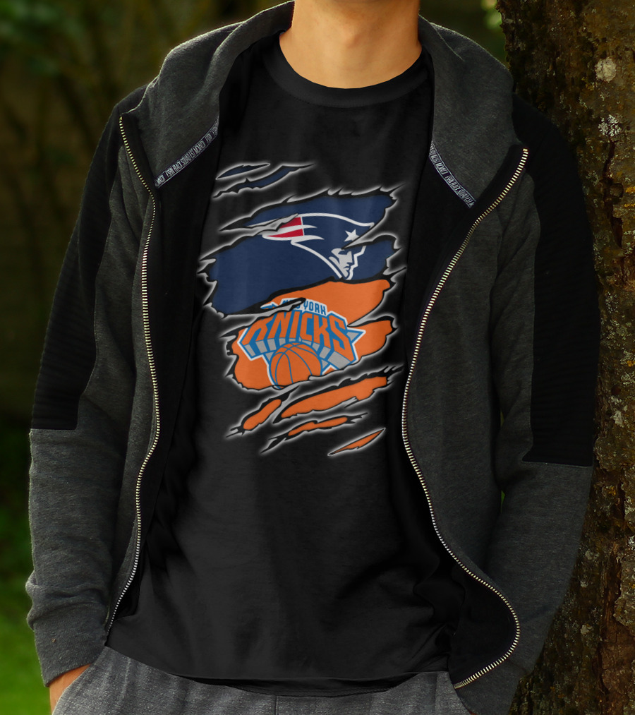 Patriots Emblem Overlaid With New York Knicks Basketball Motif T-Shirt