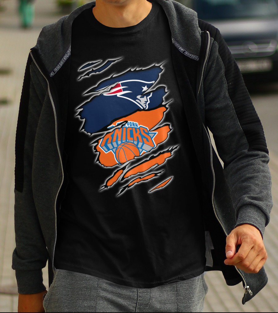 Patriots Emblem Overlaid With New York Knicks Basketball Motif T-Shirt