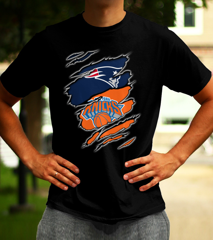 Patriots Emblem Overlaid With New York Knicks Basketball Motif T-Shirt