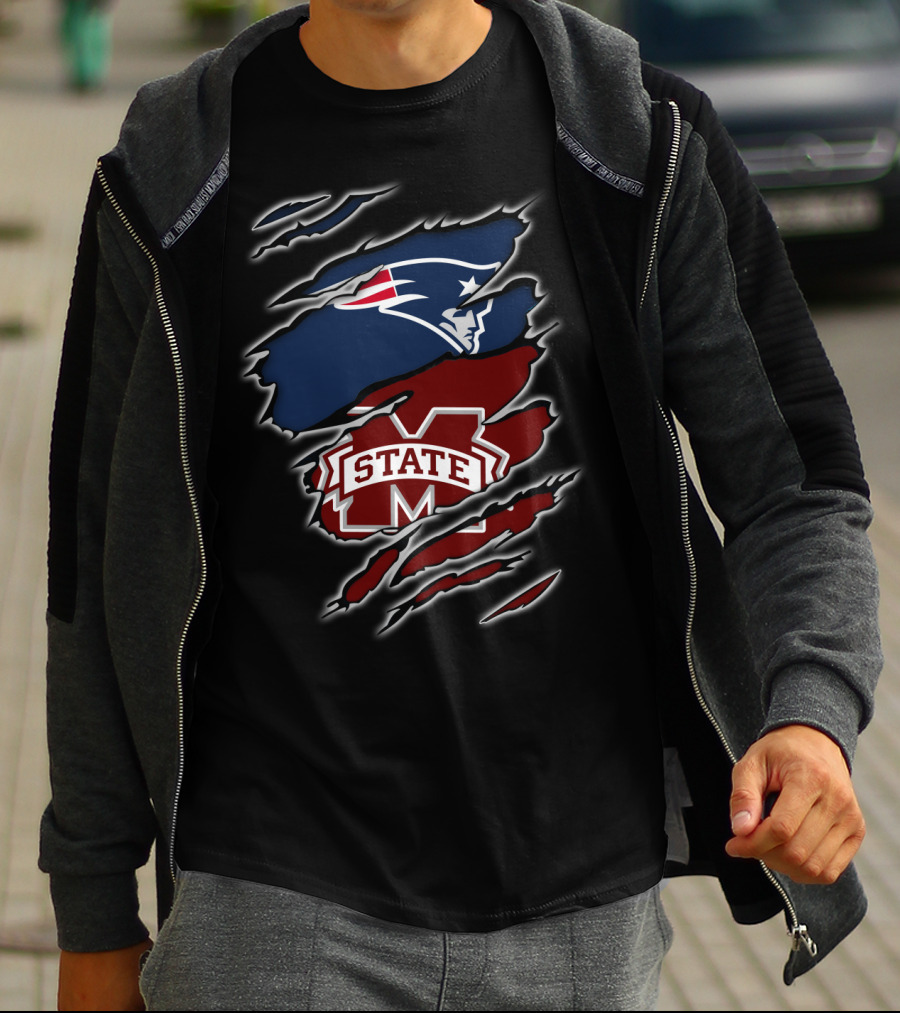 Patriots Face And MS State Logo Claw Rips T-Shirt