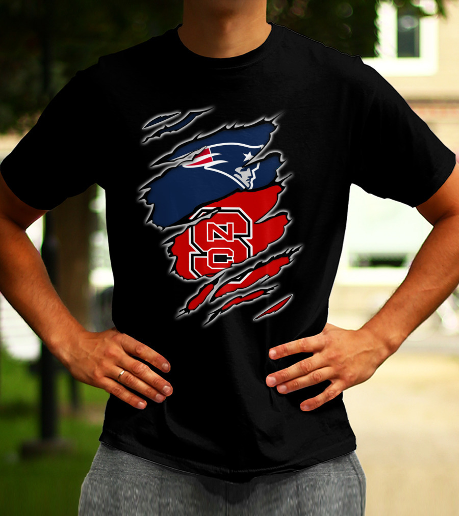 Ripped Design Featuring Patriots Logo And NC State Wolfpack T-Shirt