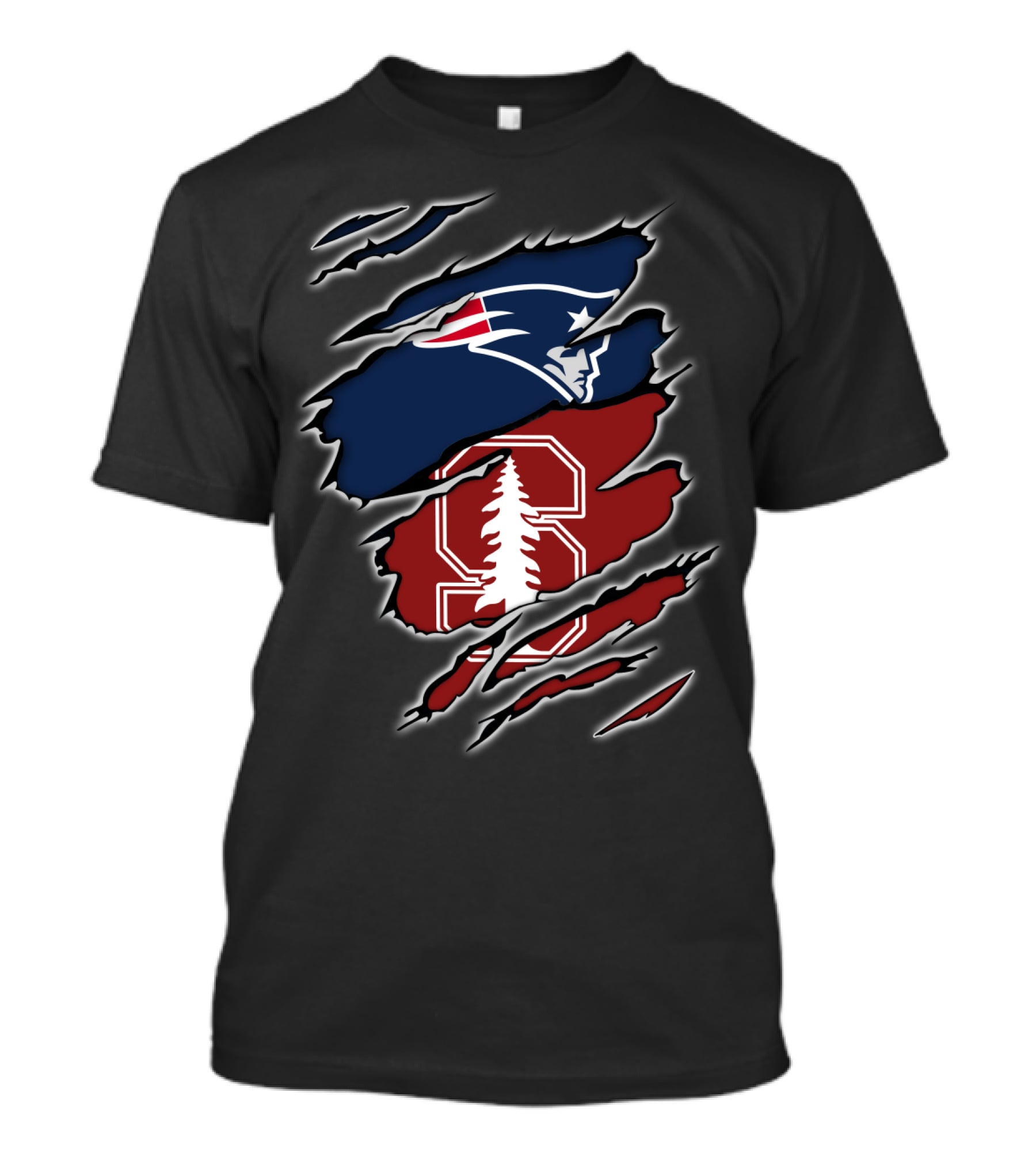 New England Patriots And Stanford Cardinal Logos In Torn T-Shirt