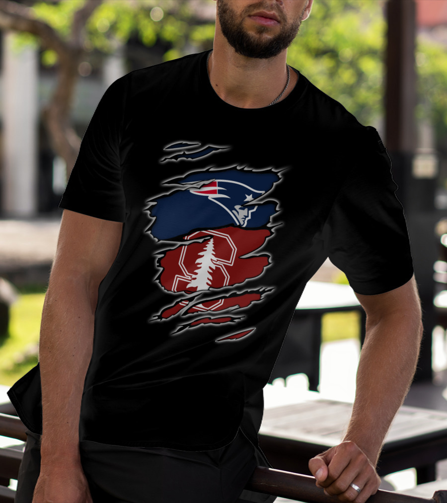 New England Patriots And Stanford Cardinal Logos In Torn T-Shirt