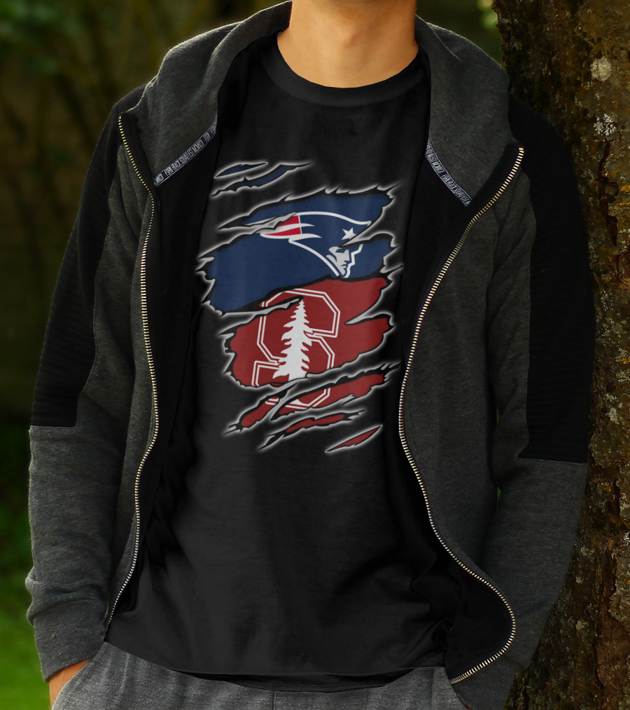 New England Patriots And Stanford Cardinal Logos In Torn T-Shirt