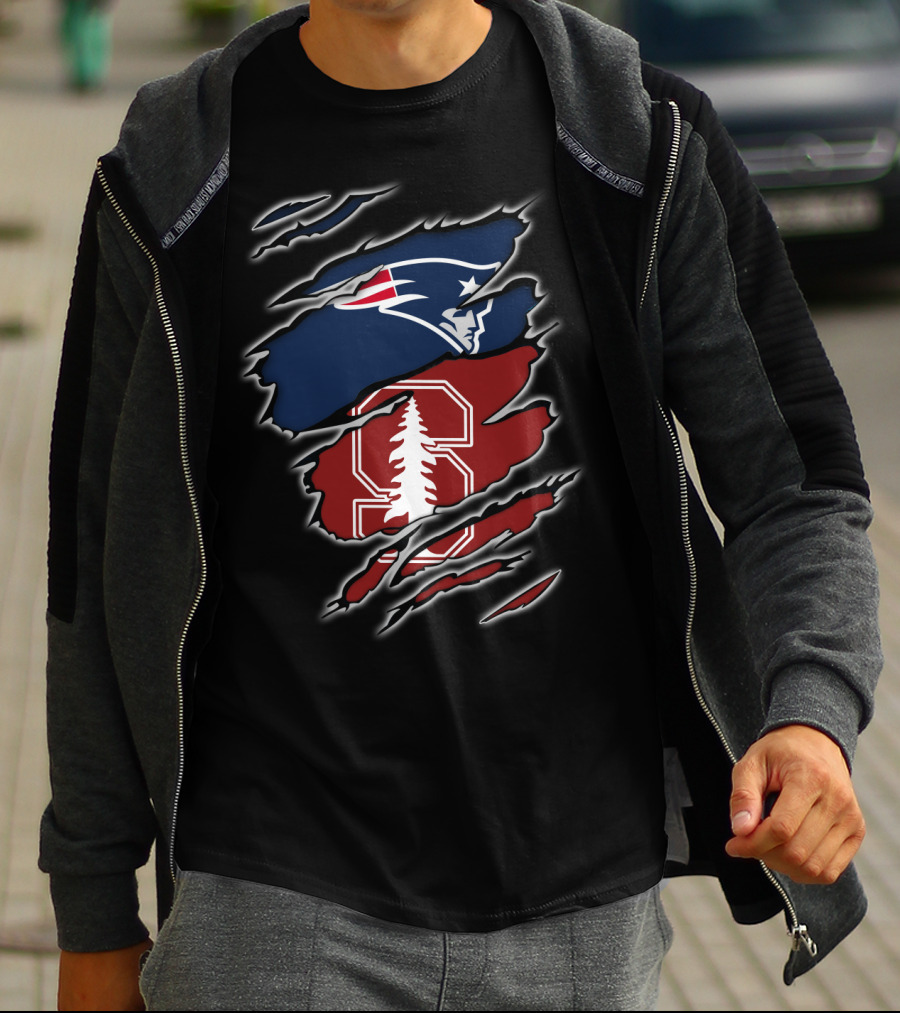 New England Patriots And Stanford Cardinal Logos In Torn T-Shirt