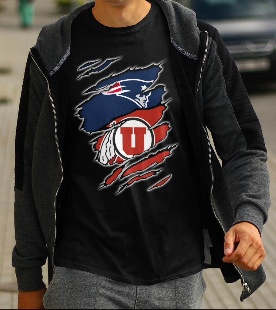 New England Patriots And Utah Utes Torn Ripped Combo T-Shirt