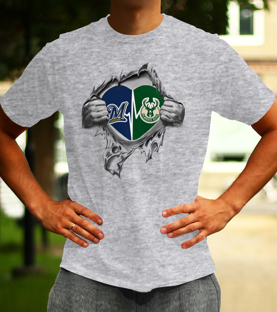 Milwaukee Brewers Milwaukee Bucks Heart T-Shirt