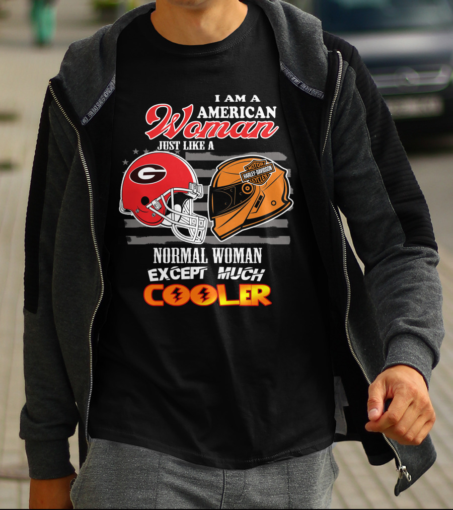 I Am An American Woman Just Like A Georgia Bulldogs Harley Davidson Motorcycle Helmet Normal Woman Except Much Cooler T-Shirt
