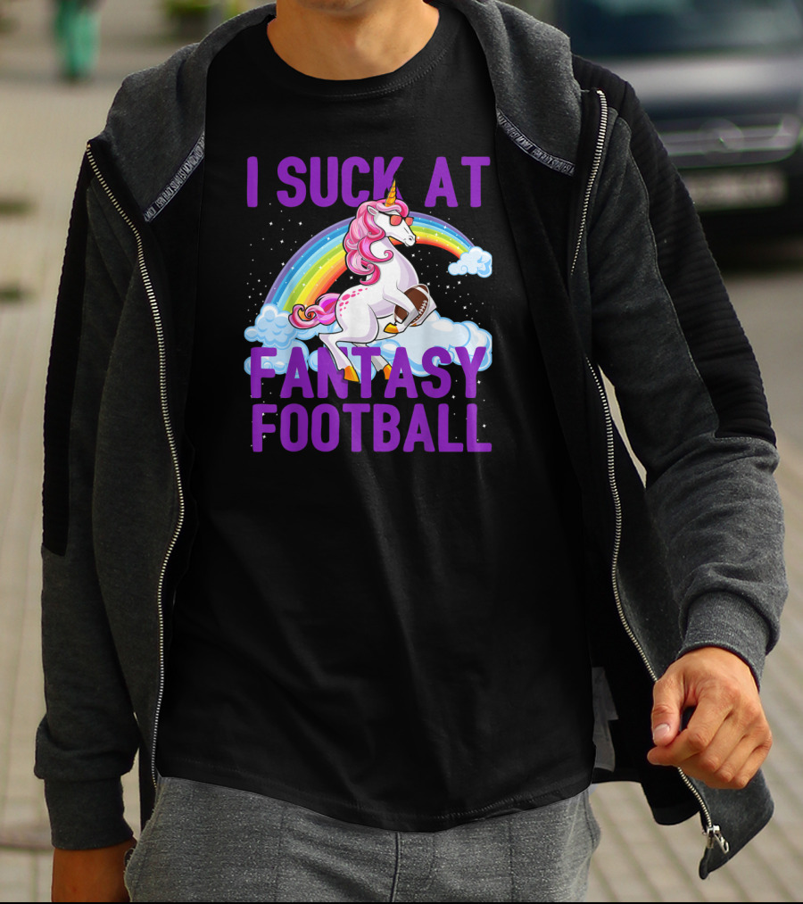I Suck At Fantasy Football Unicorn Rainbow Clouds T-Shirt