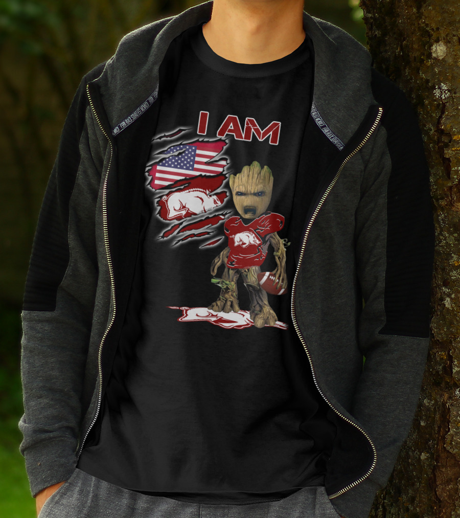 I Am Baby Groot Arkansas Razorbacks Football American Flag T-Shirt