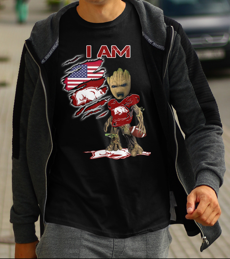 I Am Baby Groot Arkansas Razorbacks Football American Flag T-Shirt
