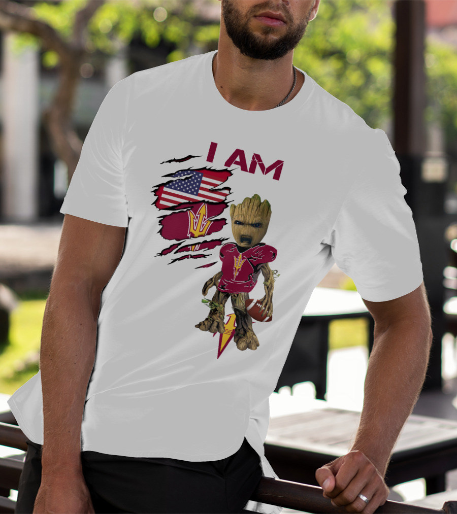 I Am ASU Baby Groot Football American Flag T-Shirt