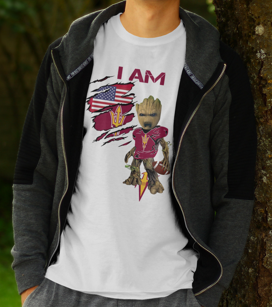I Am ASU Baby Groot Football American Flag T-Shirt