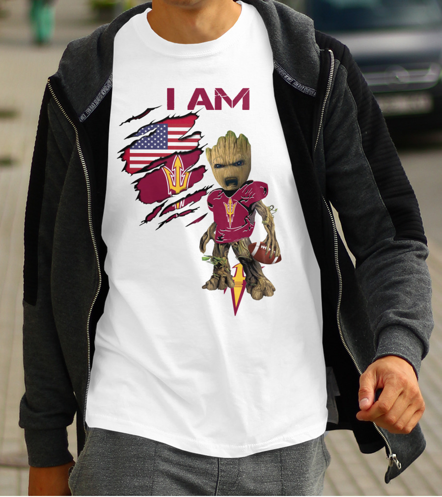I Am ASU Baby Groot Football American Flag T-Shirt