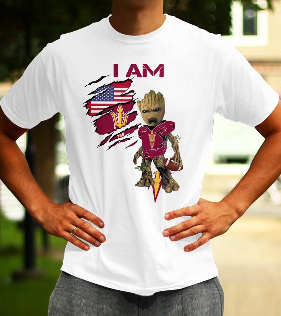 I Am ASU Baby Groot Football American Flag T-Shirt