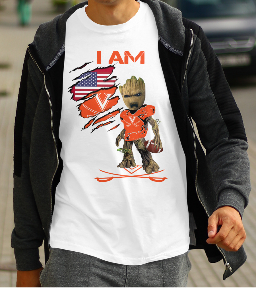 I Am Baby Groot Virginia Cavaliers Football Fan USA Flag T-Shirt