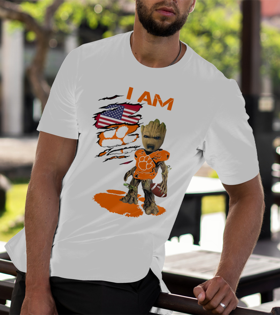 I AM Clemson Baby Groot American Flag Tiger Paw Football T-Shirt