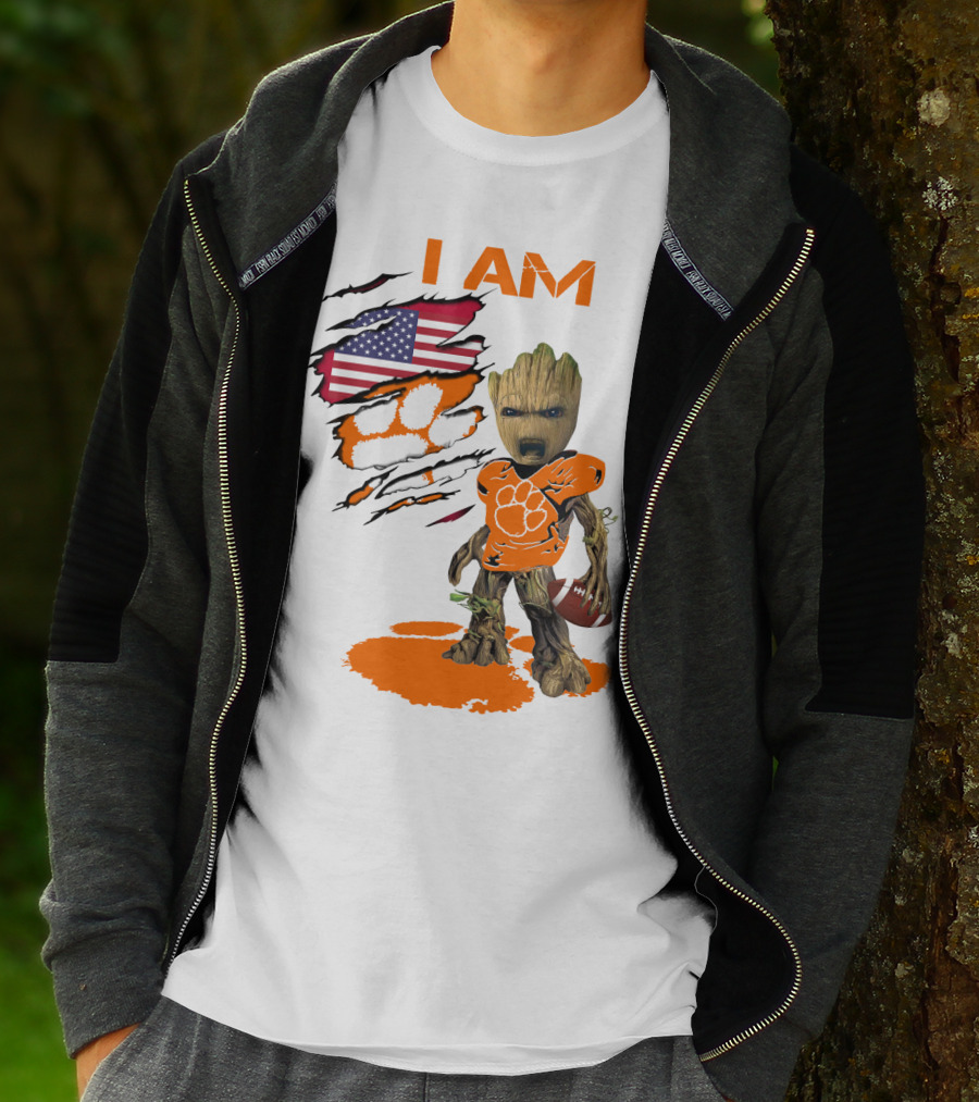 I AM Clemson Baby Groot American Flag Tiger Paw Football T-Shirt
