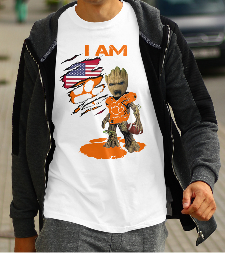 I AM Clemson Baby Groot American Flag Tiger Paw Football T-Shirt
