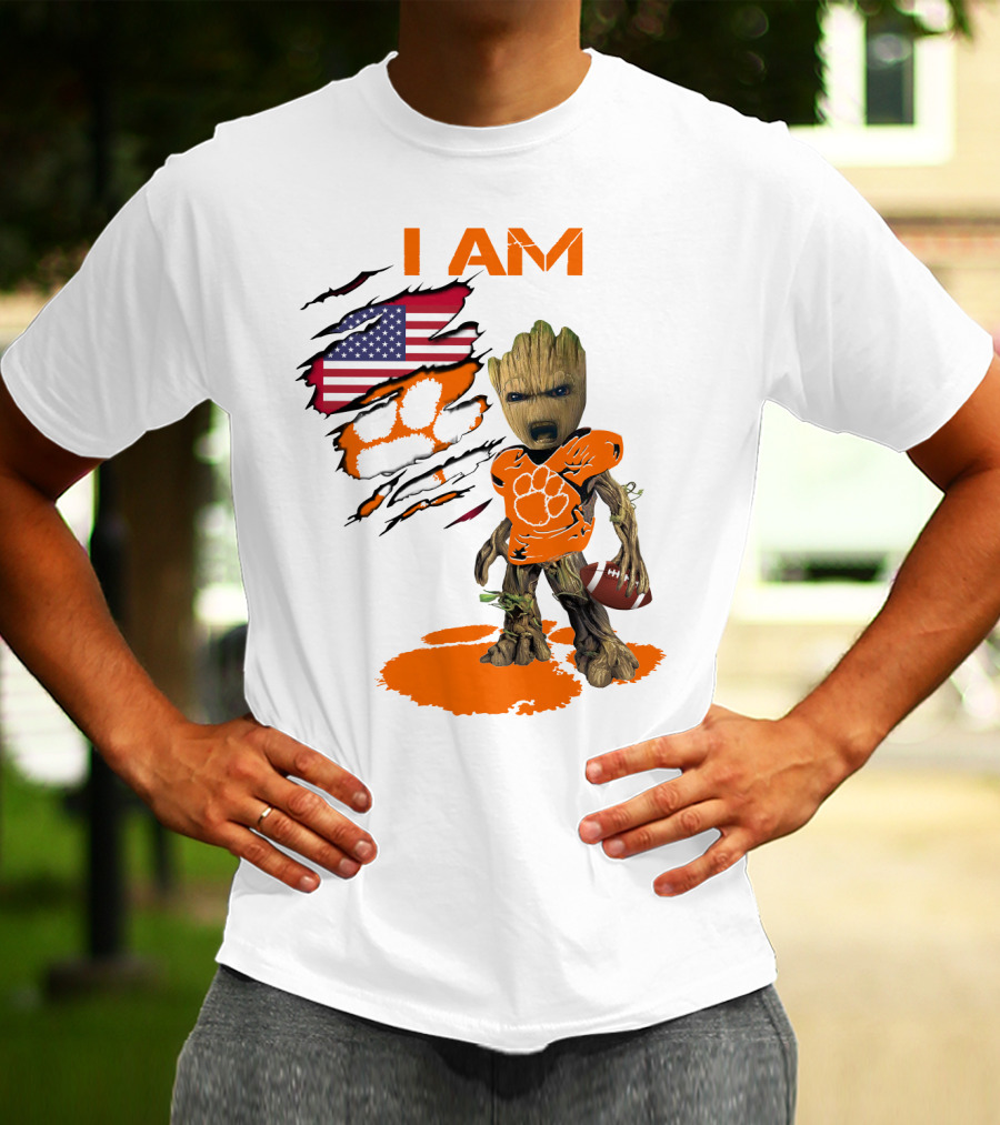I AM Clemson Baby Groot American Flag Tiger Paw Football T-Shirt