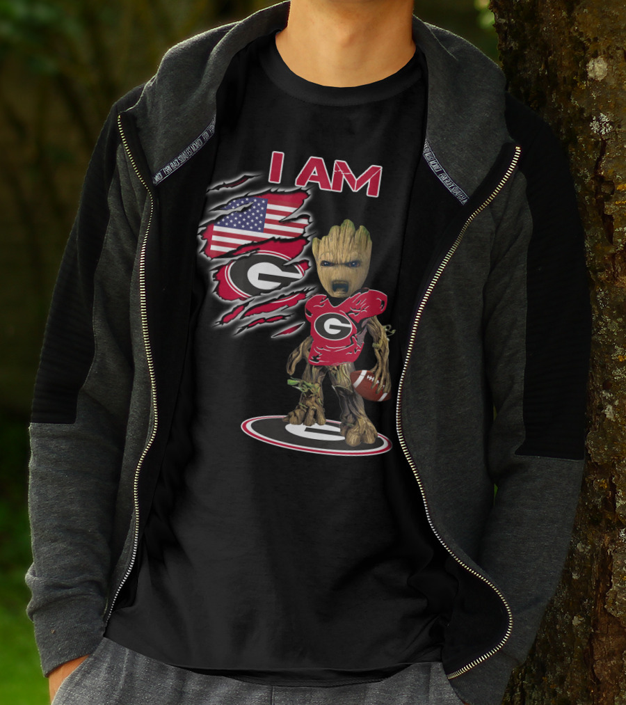 I AM Bulldogs Baby Groot Football G Fan American Flag T-Shirt