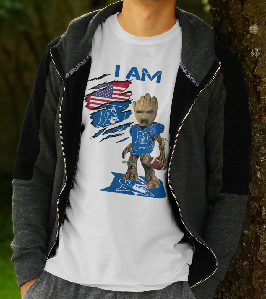 I Am Duke Baby Groot Holding Football With American Flag T-Shirt