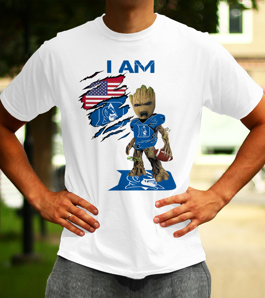 I Am Duke Baby Groot Holding Football With American Flag T-Shirt