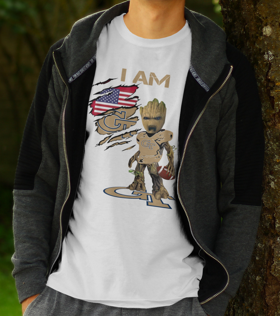 I AM Geo Baby Groot Football GT American Flag T-Shirt