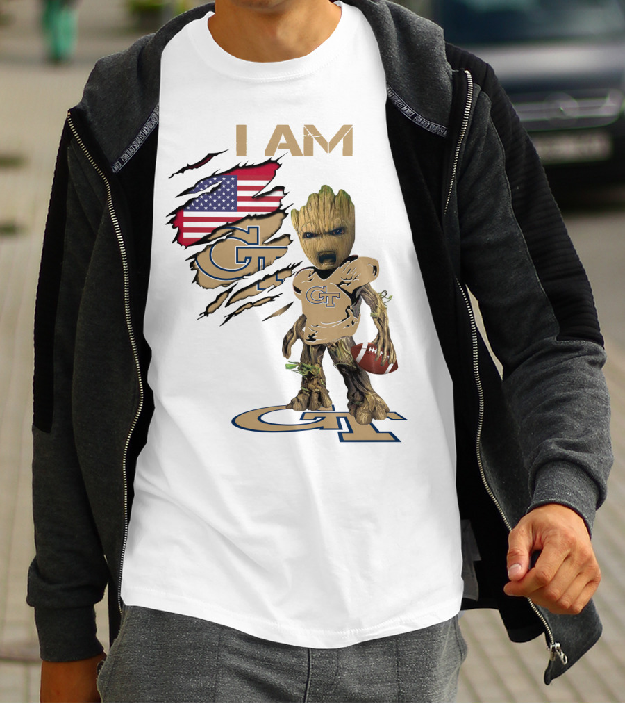 I AM Geo Baby Groot Football GT American Flag T-Shirt