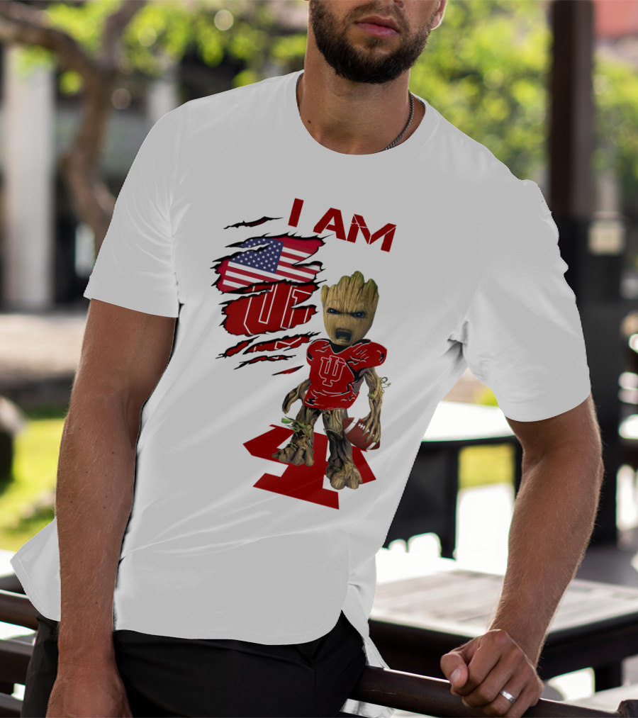 I AM Indiana Hoosiers Baby Groot Football USA Flag T-Shirt