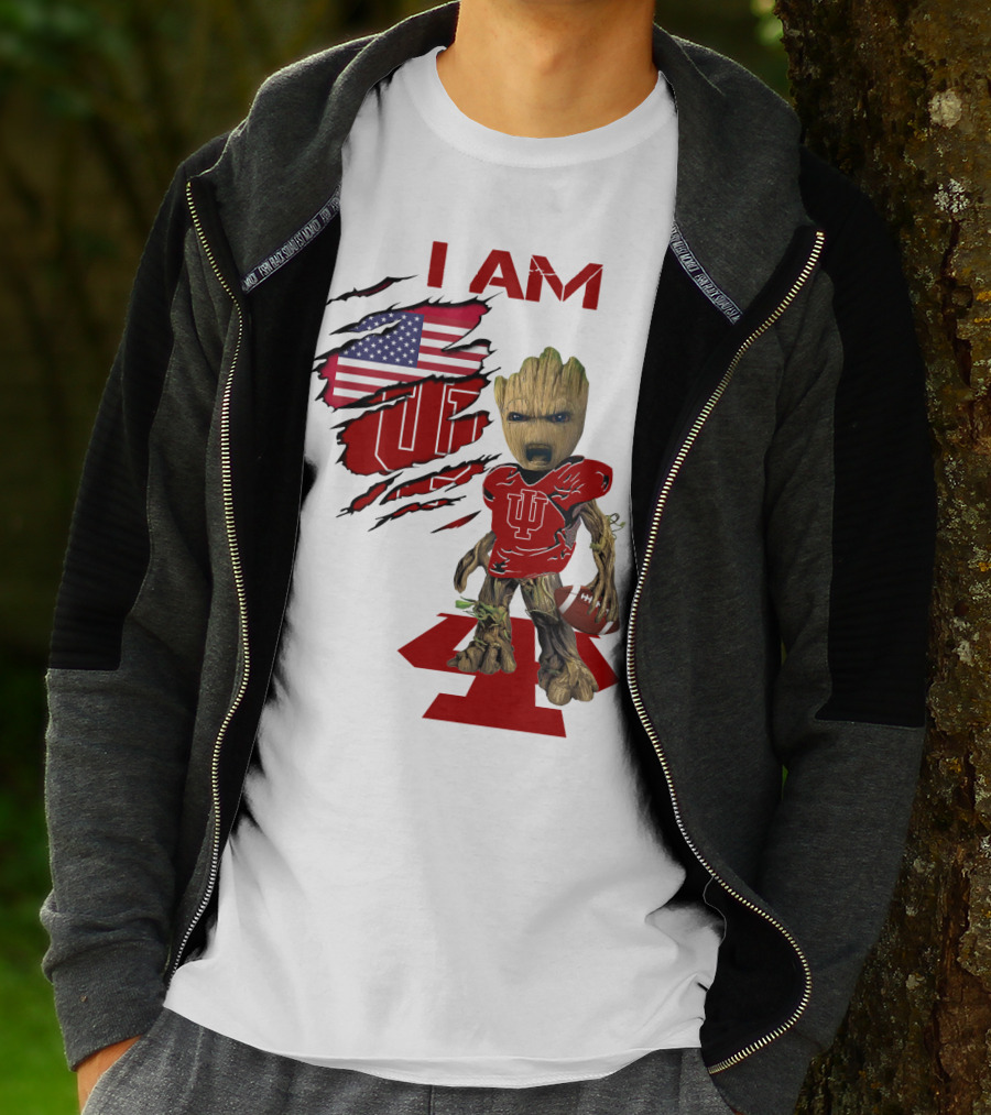 I AM Indiana Hoosiers Baby Groot Football USA Flag T-Shirt
