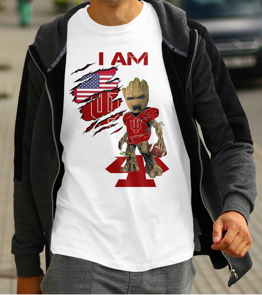 I AM Indiana Hoosiers Baby Groot Football USA Flag T-Shirt