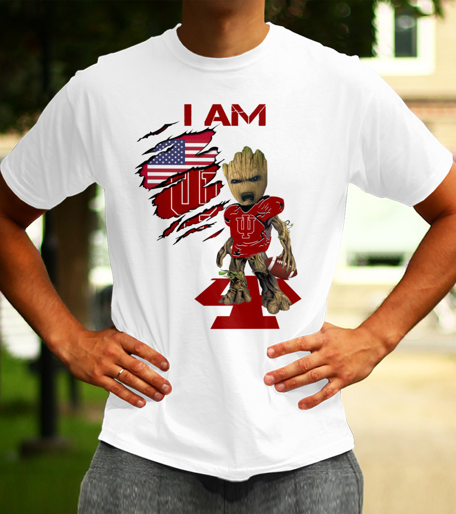 I AM Indiana Hoosiers Baby Groot Football USA Flag T-Shirt