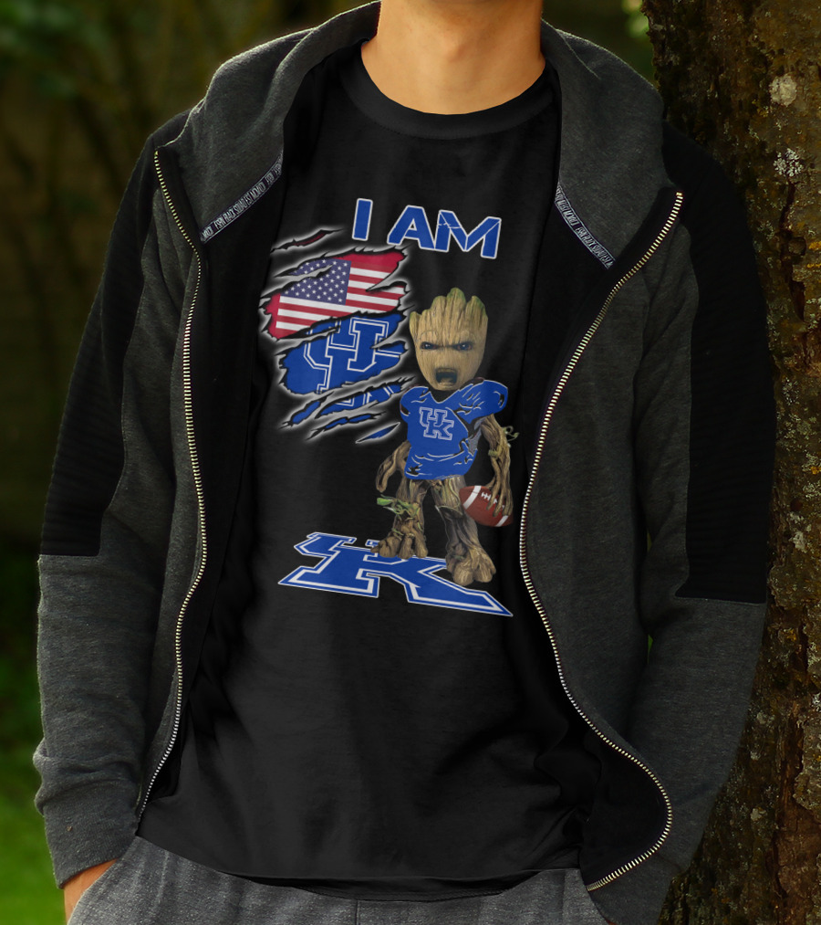 I Am Kentucky Uk Baby Groot American Flag Football Uk Wildcats Fan T-Shirt