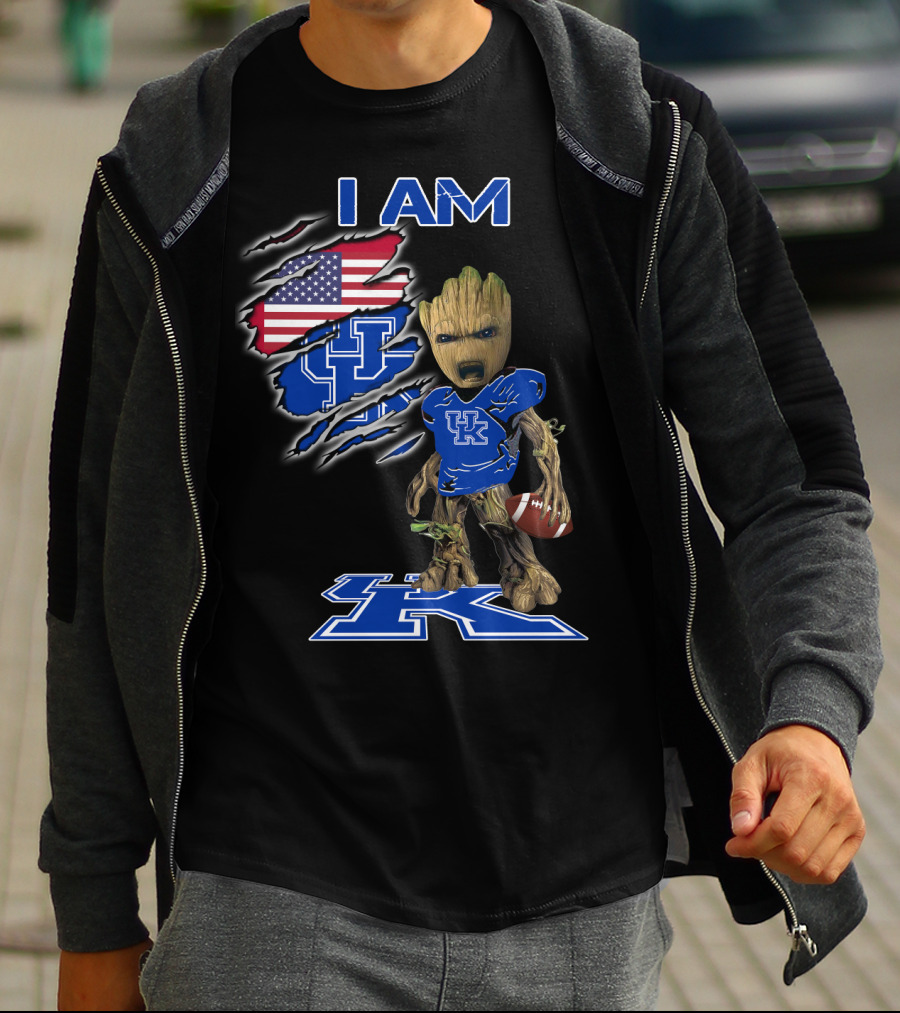 I Am Kentucky Uk Baby Groot American Flag Football Uk Wildcats Fan T-Shirt