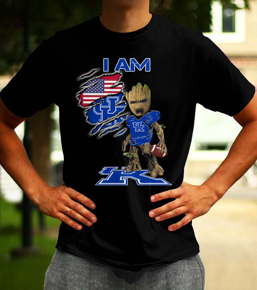 I Am Kentucky Uk Baby Groot American Flag Football Uk Wildcats Fan T-Shirt