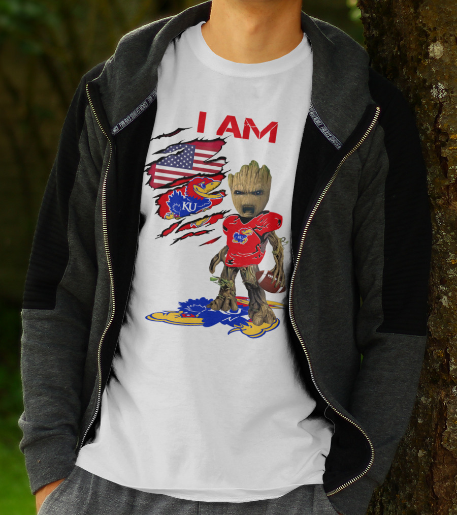 I AM Baby Groot KU Football Jayhawks American Flag T-Shirt