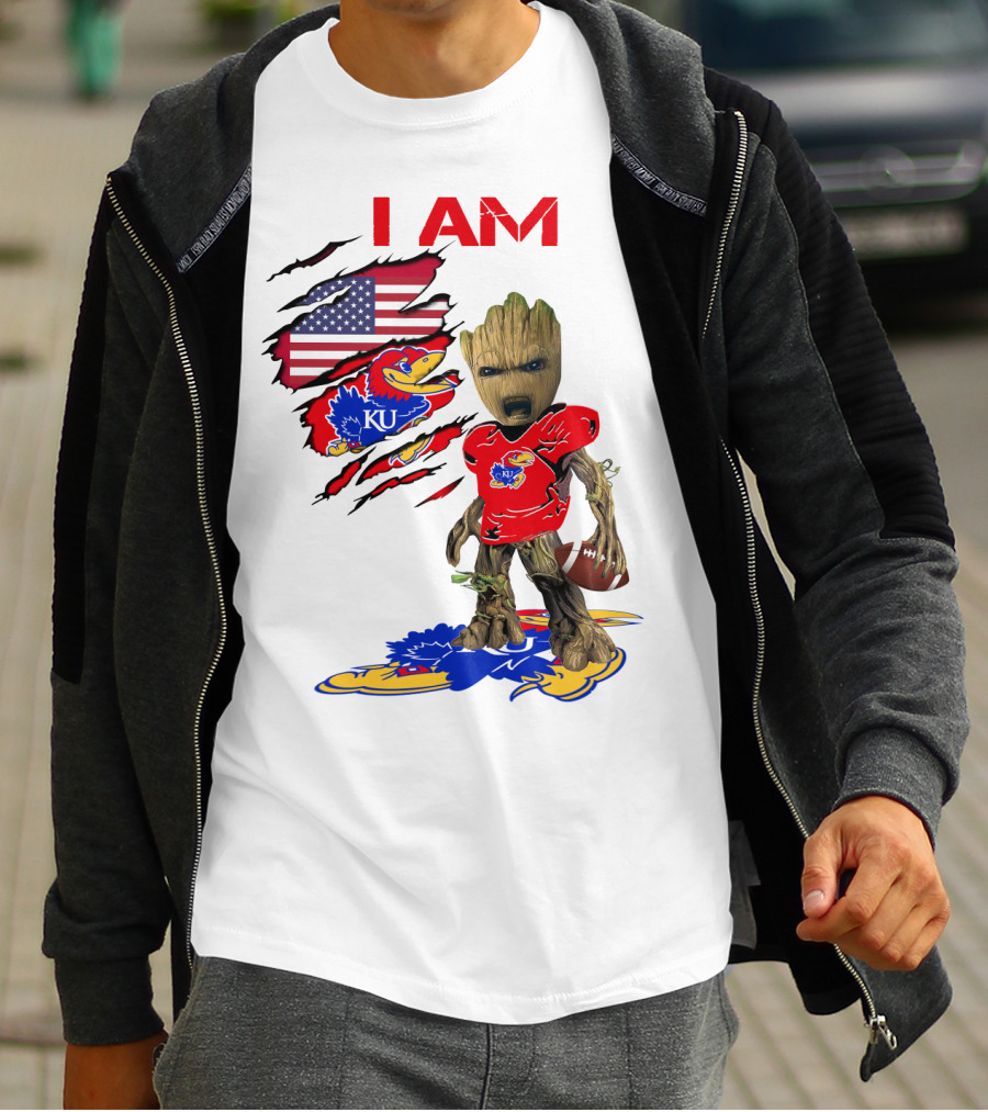 I AM Baby Groot KU Football Jayhawks American Flag T-Shirt