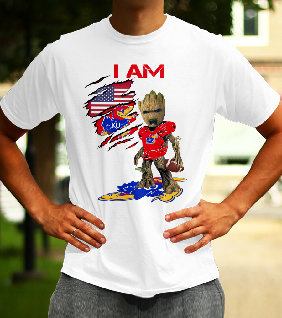 I AM Baby Groot KU Football Jayhawks American Flag T-Shirt