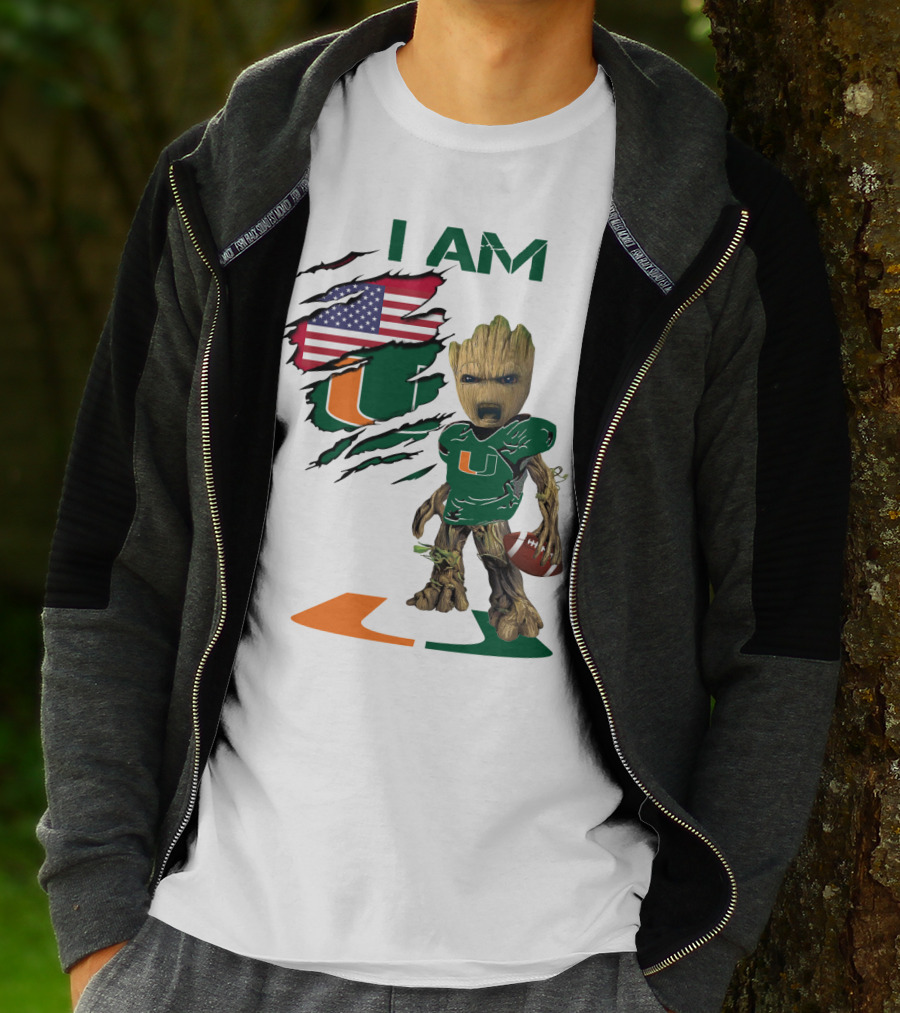 I AM Miami Hurricanes Baby Groot Football USA Flag T-Shirt