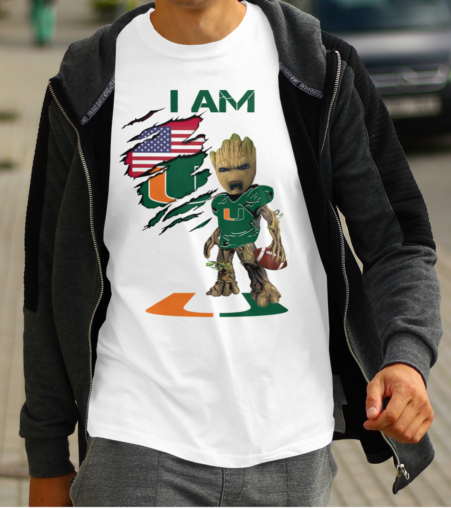 I AM Miami Hurricanes Baby Groot Football USA Flag T-Shirt