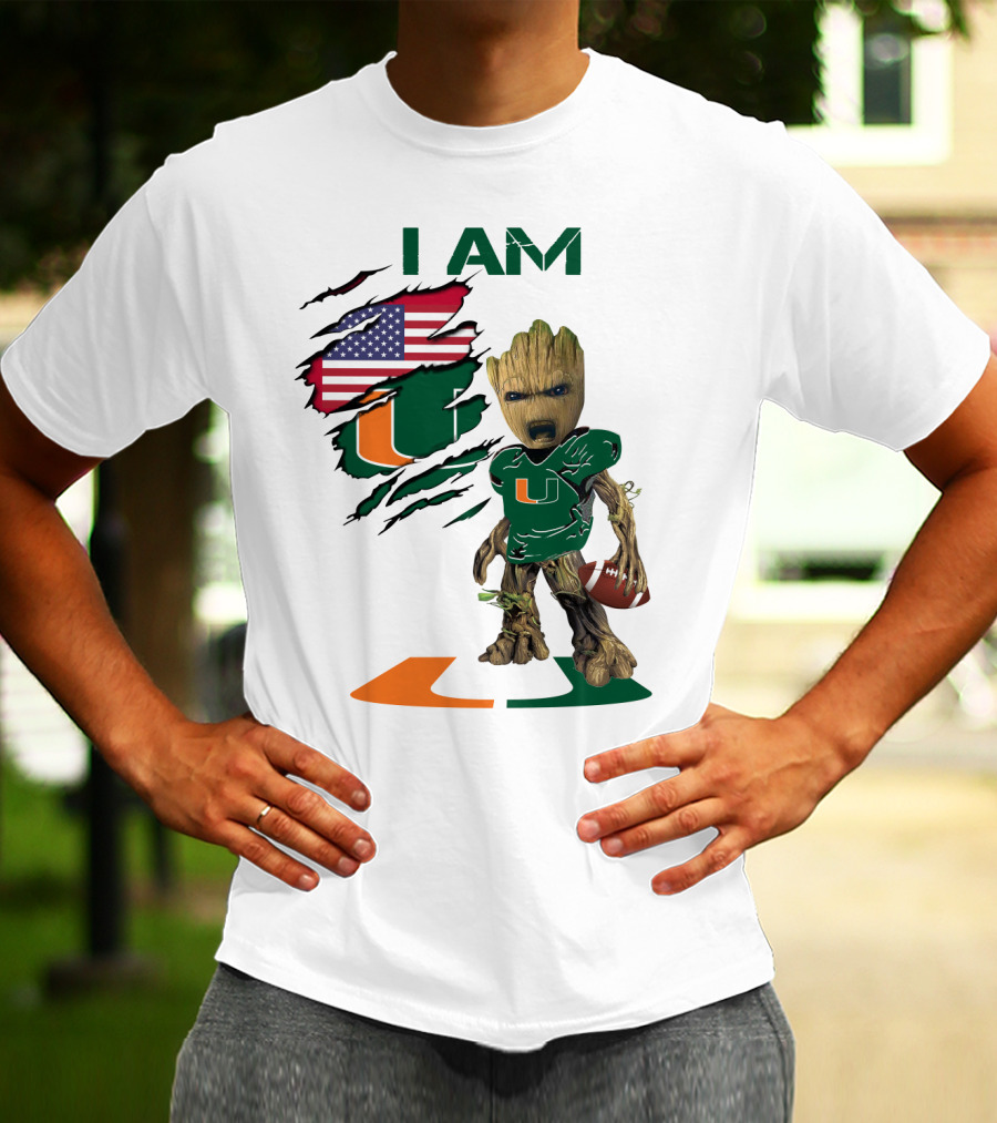 I AM Miami Hurricanes Baby Groot Football USA Flag T-Shirt
