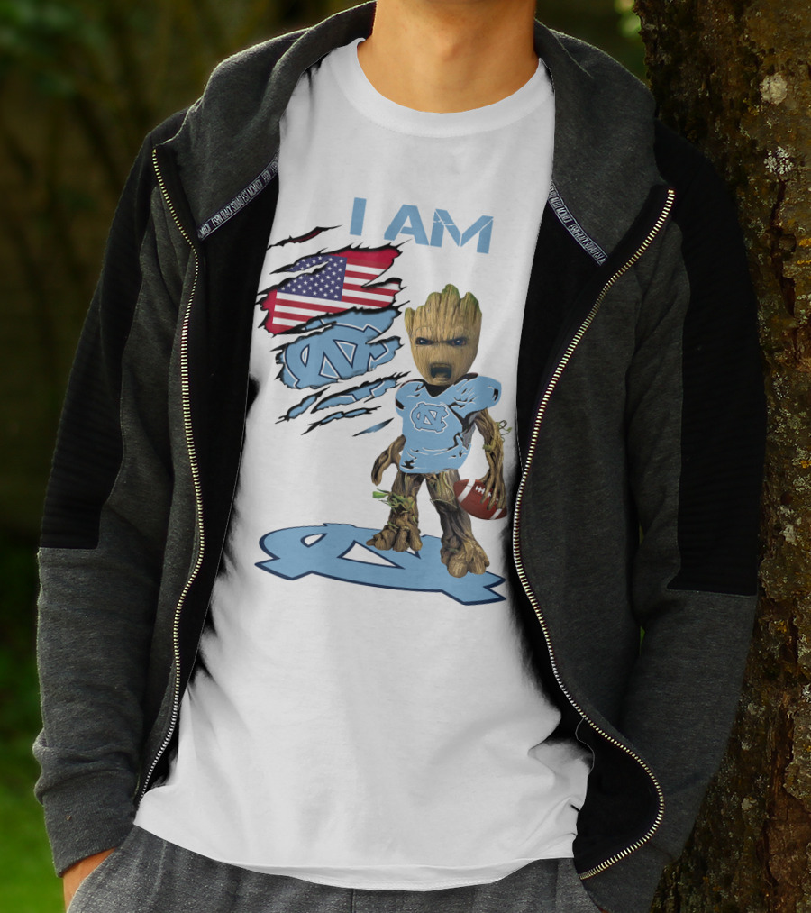 I Am Baby Groot Tarheels Football USA Flag T-Shirt