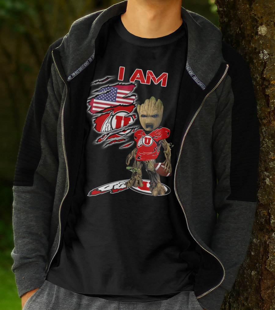 I AM Utes Baby Groot American Flag Football T-Shirt
