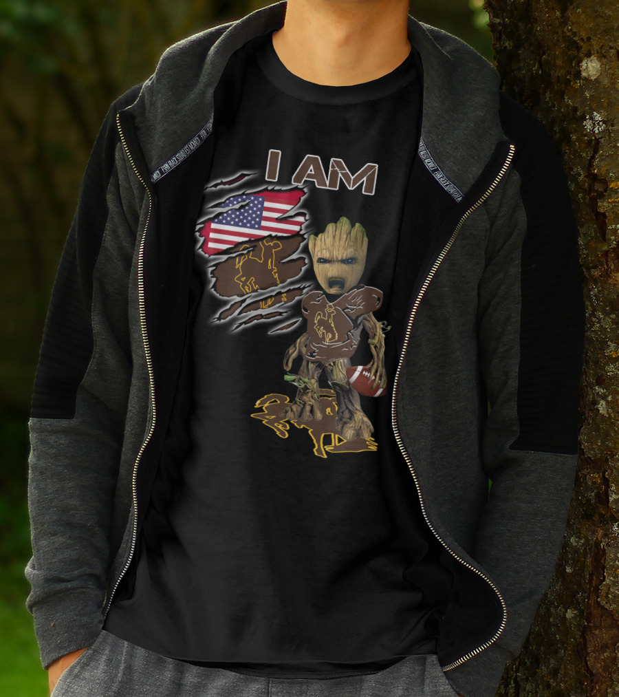 I Am Wyoming Baby Groot American Flag Cowboy Football Player T-Shirt
