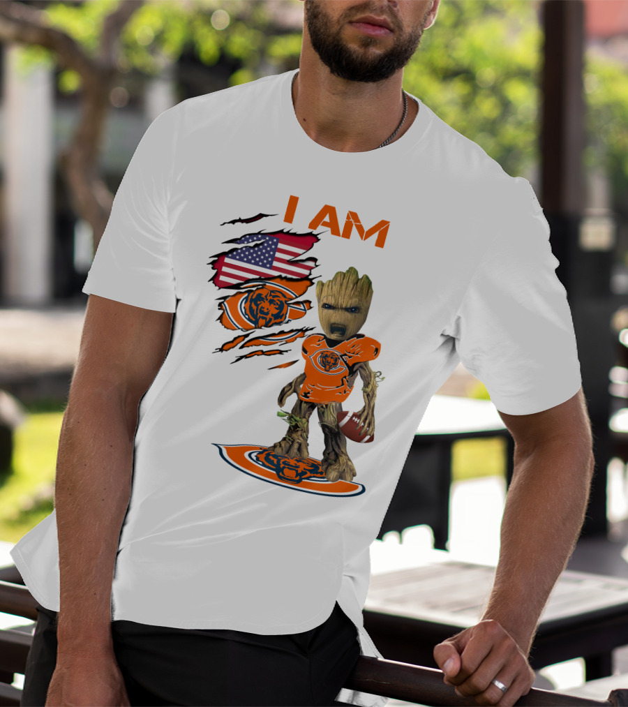 I AM Bears Baby Groot Holding Football With American Flag And Chicago Bears T-Shirt