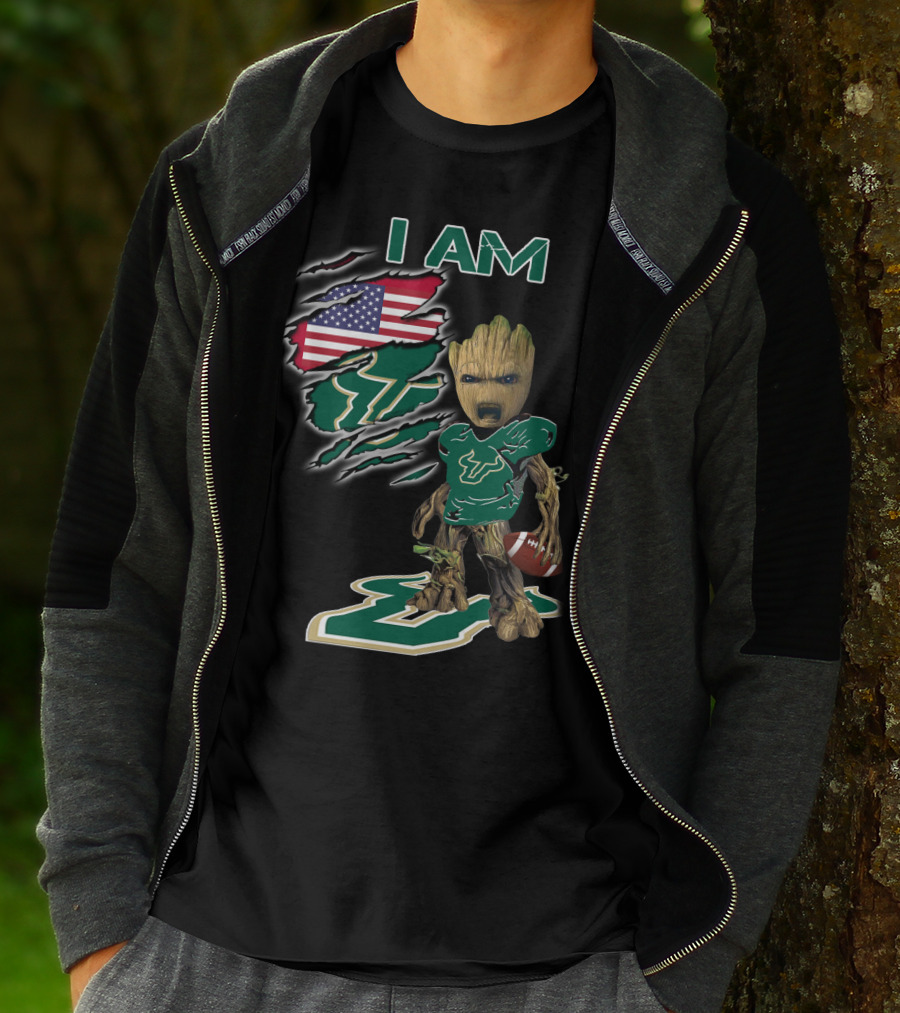 I Am Usf Baby Groot Holding Football With Usa Flag And Bulls T-Shirt